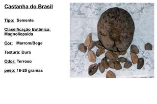 Castanha do Brasil Tipo:   Semente Classificação Botânica:  Magnoliopsida Cor:   Marrom/Bege Textura:  Dura Odor:  Terroso peso:  16-20 gramas 