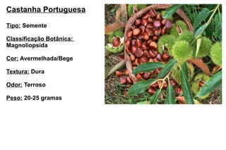 Castanha Portuguesa Tipo:   Semente Classificação Botânica:  Magnoliopsida Cor:  Avermelhada/Bege Textura:  Dura Odor:  Terroso Peso:  20-25 gramas 