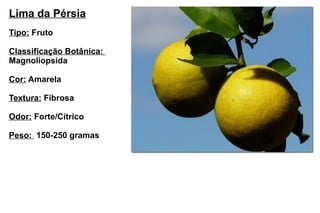 Lima da Pérsia Tipo:  Fruto Classificação Botânica:  Magnoliopsida Cor:  Amarela Textura:  Fibrosa Odor:  Forte/Cítrico Peso:  150-250 gramas 