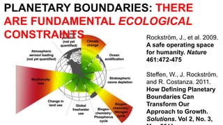 PLANETARY BOUNDARIES: THERE
ARE FUNDAMENTAL ECOLOGICAL
CONSTRAINTS Rockström, J., et al. 2009.
A safe operating space
for humanity. Nature
461:472-475
Steffen, W., J. Rockström,
and R. Costanza. 2011.
How Defining Planetary
Boundaries Can
Transform Our
Approach to Growth.
Solutions. Vol 2, No. 3,
May 2011