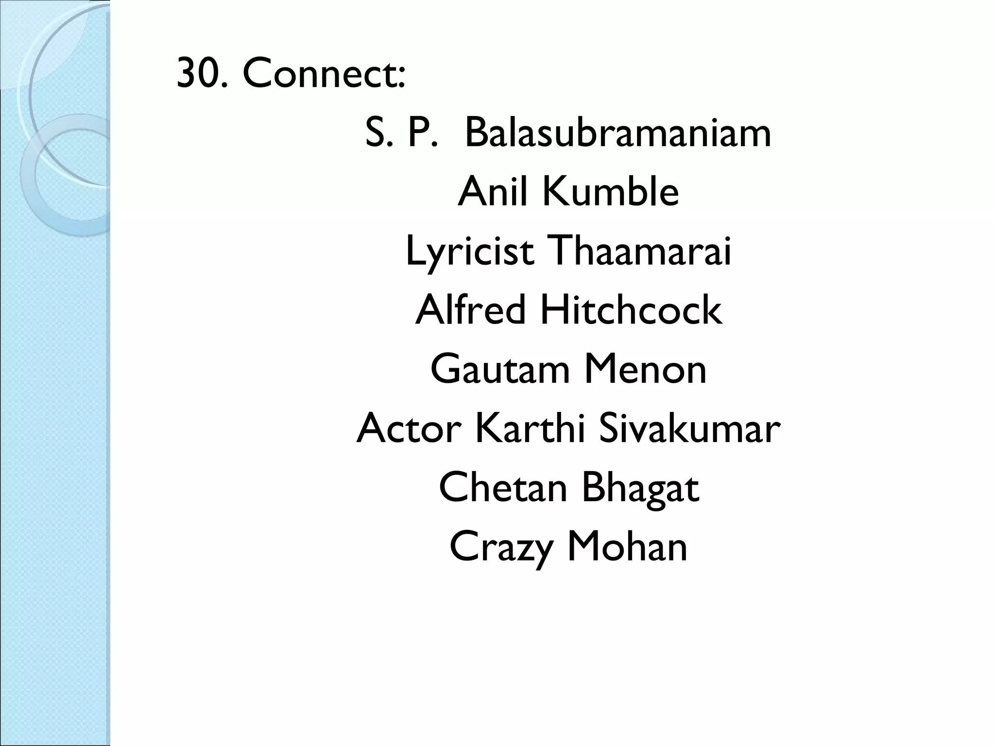 30. Connect: S. P.  Balasubramaniam Anil Kumble Lyricist Thaamarai Alfred Hitchcock Gautam Menon Actor Karthi Sivakumar Chetan Bhagat Crazy Mohan 