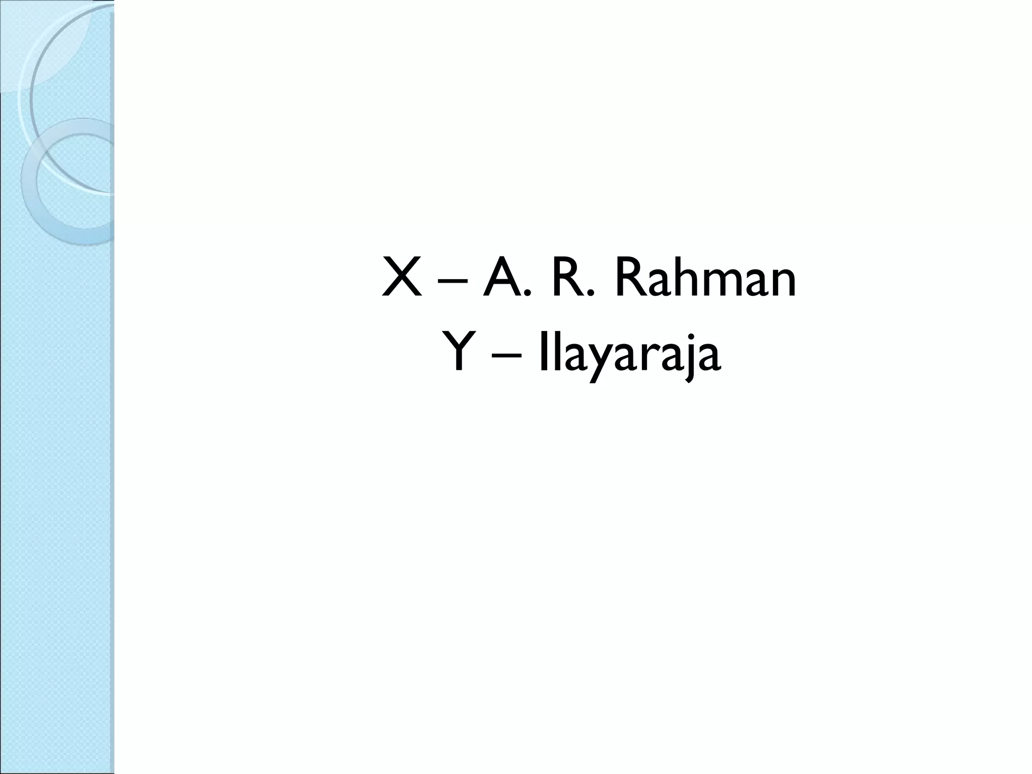 X – A. R. Rahman Y – Ilayaraja  