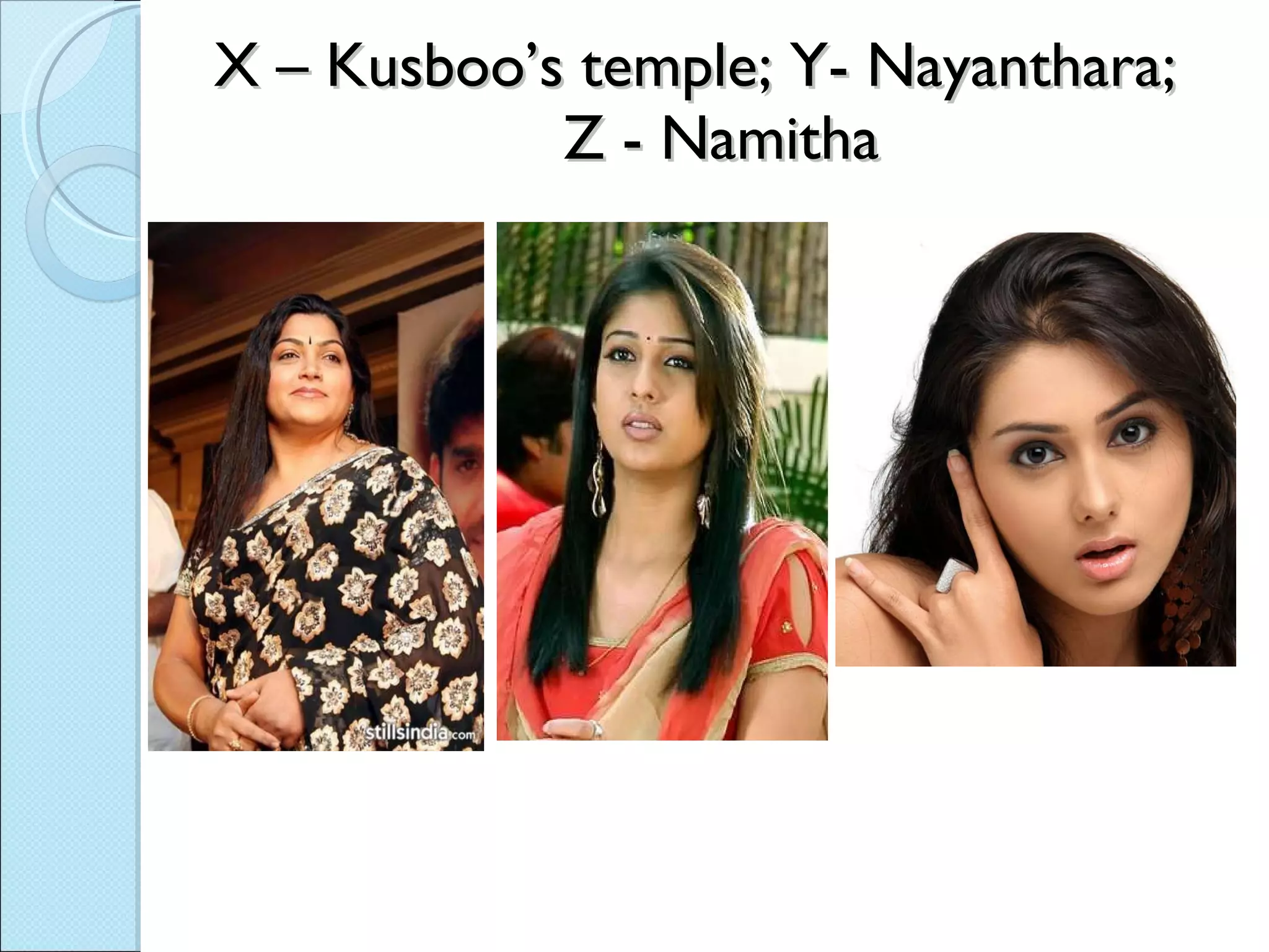 X – Kusboo’s temple; Y- Nayanthara;  Z - Namitha 