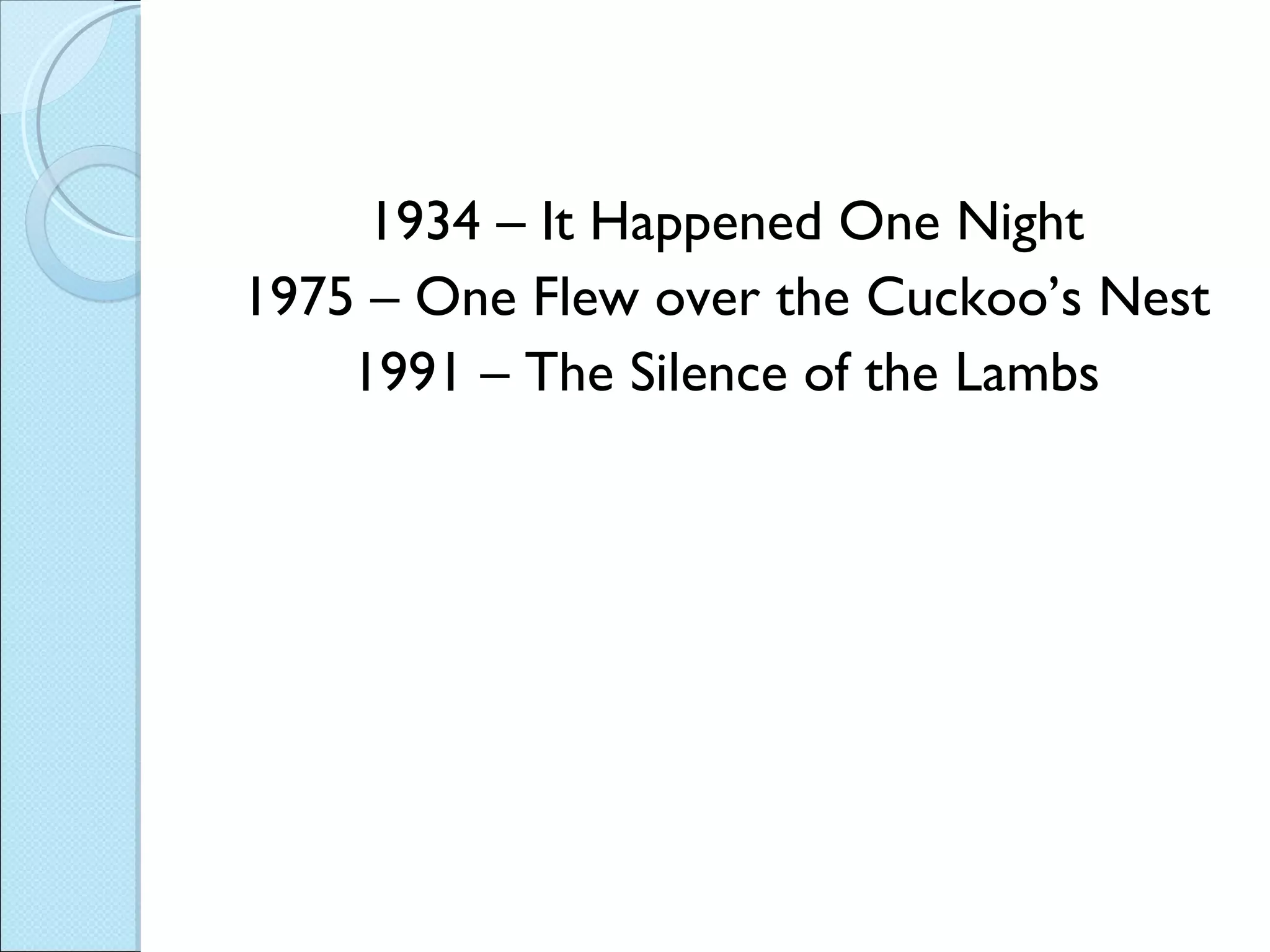 1934 – It Happened One Night 1975 – One Flew over the Cuckoo’s Nest 1991 – The Silence of the Lambs 
