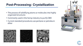Post-Processing: Crystallization
• The process of solidifying atoms or molecules into highly
organized structures
• Commonly used in the hemp industry to purify CBD
• Current standard procedures use pentane or petroleum
ether
 