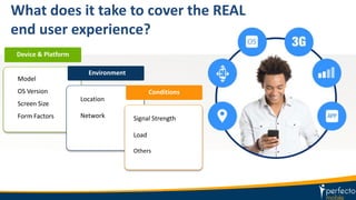 What does it take to cover the REAL
end user experience?
v
Device & Platform
Model
OS Version
Screen Size
Form Factors v
Environment
Location
Network
v
Conditions
Signal Strength
Load
Others
 