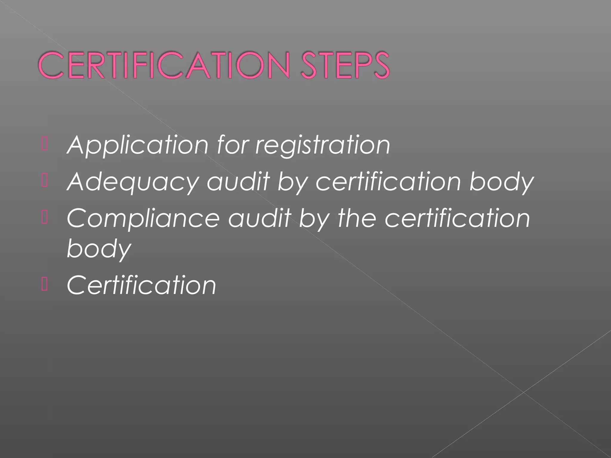  Application for registration
 Adequacy audit by certification body
 Compliance audit by the certification
body
 Certification
 