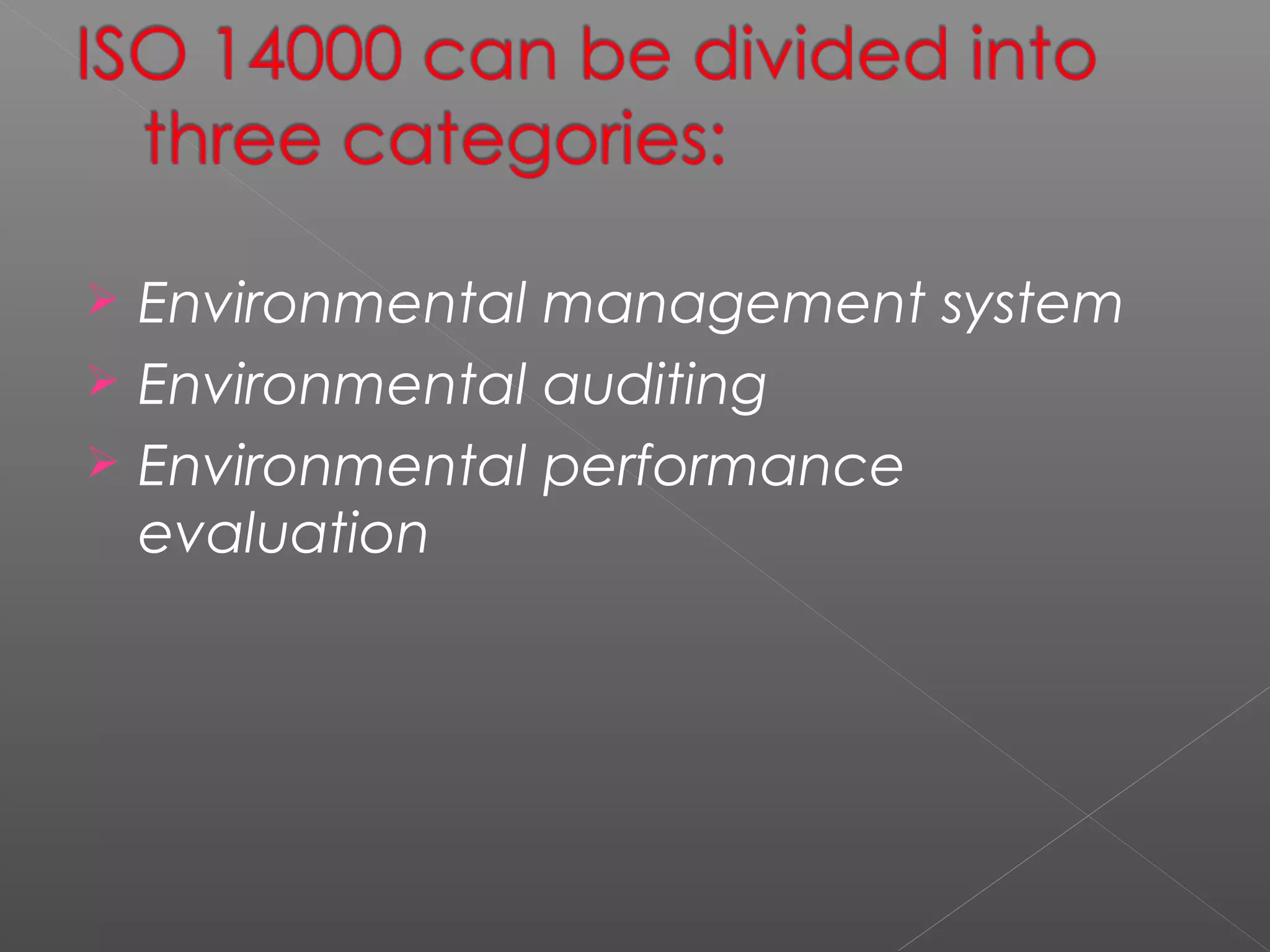  Environmental management system
 Environmental auditing
 Environmental performance
evaluation
 