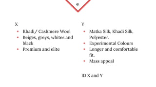 9.
X
◈ Khadi/ Cashmere Wool
◈ Beiges, greys, whites and
black
◈ Premium and elite
Y
◈ Matka Silk, Khadi Silk,
Polyester.
◈ Experimental Colours
◈ Longer and comfortable
fit.
◈ Mass appeal
ID X and Y
 
