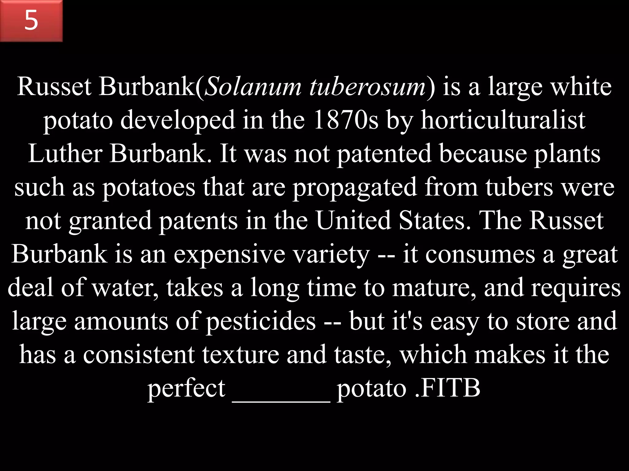 Russet Burbank(Solanum tuberosum) is a large white
potato developed in the 1870s by horticulturalist
Luther Burbank. It was not patented because plants
such as potatoes that are propagated from tubers were
not granted patents in the United States. The Russet
Burbank is an expensive variety -- it consumes a great
deal of water, takes a long time to mature, and requires
large amounts of pesticides -- but it's easy to store and
has a consistent texture and taste, which makes it the
perfect _______ potato .FITB
5
 
