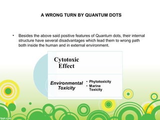 A WRONG TURN BY QUANTUM DOTS
• Besides the above said positive features of Quantum dots, their internal
structure have several disadvantages which lead them to wrong path
both inside the human and in external environment.
 