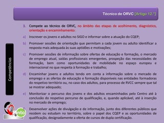 Técnico de ORVC [Artigo 12.°]
3. Compete ao técnico de ORVC, no âmbito das etapas de acolhimento, diagnóstico,
orientação e encaminhamento:
a) Inscrever os jovens e adultos no SIGO e informar sobre a atuação do CQEP;
b) Promover sessões de orientação que permitam a cada jovem ou adulto identificar a
resposta mais adequada às suas aptidões e motivações;
c) Promover sessões de informação sobre ofertas de educação e formação, o mercado
de emprego atual, saídas profissionais emergentes, prospeção das necessidades de
formação, bem como oportunidades de mobilidade no espaço europeu e
internacional no que respeita à formação e trabalho;
d) Encaminhar jovens e adultos tendo em conta a informação sobre o mercado de
emprego e as ofertas de educação e formação disponíveis nas entidades formadoras
do respetivo território ou, no caso dos adultos, para processo de RVCC sempre que tal
se mostrar adequado;
e) Monitorizar o percurso dos jovens e dos adultos encaminhados pelo Centro até à
conclusão do respetivo percurso de qualificação, e, quando aplicável, até à inserção
no mercado de emprego;
f) Desenvolver ações de divulgação e de informação, junto dos diferentes públicos que
residem ou estudam no território, sobre o papel dos CQEP e as oportunidades de
qualificação, designadamente a oferta de cursos de dupla certificação.
Competências
 