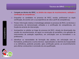 Técnico de ORVC [Artigo 12.°]
4. Compete ao técnico de ORVC, no âmbito das etapas de reconhecimento, validação e
certificação de competências:
a) Enquadrar os candidatos no processo de RVCC, escolar, profissional ou dupla
certificação, de acordo com a sua experiência de vida e perfil de competências;
b) Prestar informação relativa à metodologia adotada no processo de RVCC, às técnicas e
instrumentos de demonstração utilizados e à certificação de competências, em
função da vertente de intervenção;
c) Acompanhar os adultos ao longo do processo de RVCC, através da dinamização das
sessões de reconhecimento, do apoio na construção do portefólio e da aplicação de
instrumentos de avaliação específicos, em articulação com os formadores e ou
professores;
d) Identificar as necessidades de formação dos adultos, em articulação com os
formadores, professores e outros técnicos especializados no domínio da incapacidade
e ou deficiência, podendo proceder, após certificação parcial, ao encaminhamento
para ofertas conducentes à conclusão de uma qualificação.
Competências
 