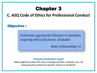Objective :
Chapter 3
C. ASQ Code of Ethics for Professional Conduct
Evaluate (Evaluation Level)
Make judgments about the value of proposed ideas, solutions, etc., by
comparing the proposal to specific criteria or standards.
3
 