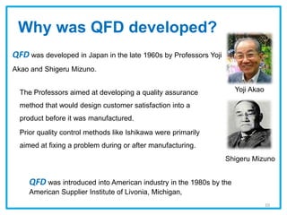 Why was QFD developed?
QFD was developed in Japan in the late 1960s by Professors Yoji
Akao and Shigeru Mizuno.
The Professors aimed at developing a quality assurance
method that would design customer satisfaction into a
product before it was manufactured.
Prior quality control methods like Ishikawa were primarily
aimed at fixing a problem during or after manufacturing.
Yoji Akao
Shigeru Mizuno
QFD was introduced into American industry in the 1980s by the
American Supplier Institute of Livonia, Michigan,
10
 