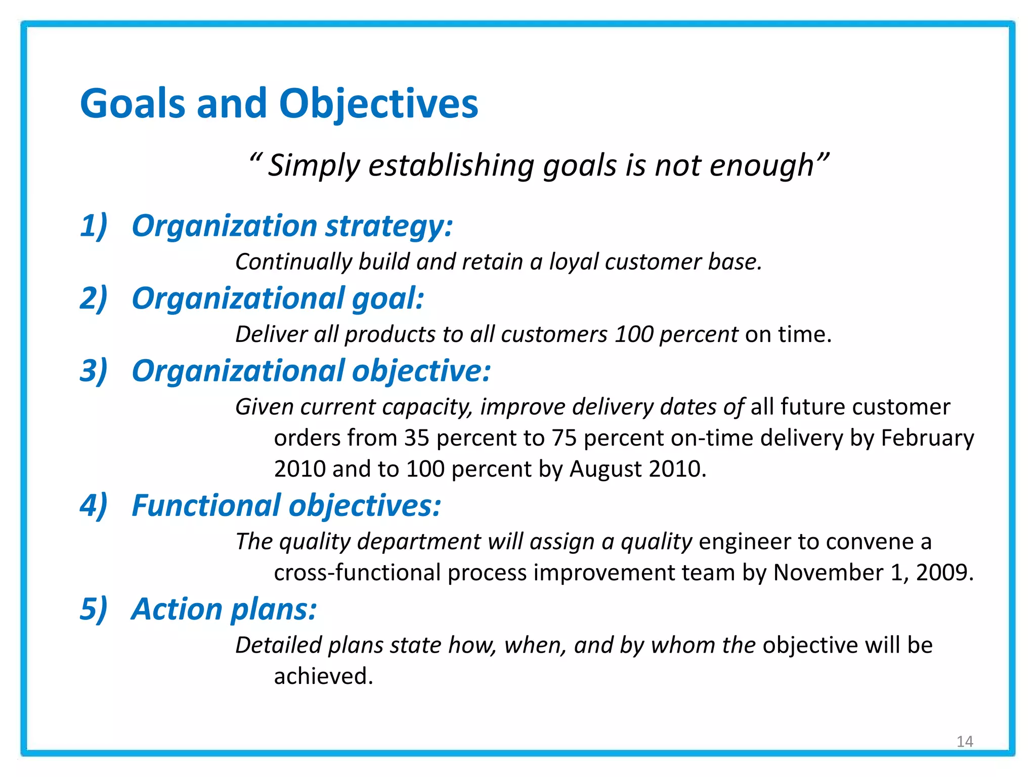 Goals and Objectives
“ Simply establishing goals is not enough”
1) Organization strategy:
Continually build and retain a loyal customer base.
2) Organizational goal:
Deliver all products to all customers 100 percent on time.
3) Organizational objective:
Given current capacity, improve delivery dates of all future customer
orders from 35 percent to 75 percent on-time delivery by February
2010 and to 100 percent by August 2010.
4) Functional objectives:
The quality department will assign a quality engineer to convene a
cross-functional process improvement team by November 1, 2009.
5) Action plans:
Detailed plans state how, when, and by whom the objective will be
achieved.
14
 