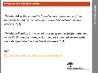 MODELVALIDATION 
“Model risk is the potential for adverse consequences from decisions based on incorrect or misused model outputs and reports. “ [1] 
“Model validation is the set of processes and activities intended to verify that models are performing as expected, in line with their design objectives and business uses. ” [1] 
Ref: [1] . Supervisory LetterSR11-7 on guidance onModel Risk 
Model Risk and Validation Defined  