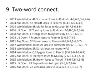 9. Two-word connect.
• 2003 Wimbledon: 4R Srichapan loses to Roddick (4-6,6-3,3-6,2-6)
• 2004 Aus Open: 4R Hewitt loses to Federer (6-4,3-6,0-6,4-6)
• 2005 Wimbledon: 3R Muller loses to Gasquet (6-7,3-6,3-6)
• 2006 US Open: SF Youzhny loses to Roddick (7-6,0-6,6-7,3-6)
• 2008 Aus Open: F Tsonga loses to Djokovic (6-4,4-6,3-6,6-7)
• 2008 US Open: F Murray loses to Federer (2-6,5-7,2-6)
• 2011 Aus Open: SF Ferrer loses to Murray (6-4,6-7,1-6,6-7)
• 2012 Wimbledon: 3R Rosol loses to Kohlschreiber (2-6,3-6,6-7)
• 2013 Wimbledon: 2R Darcis loses to Kubot (w/o)
• 2014 Wimbledon: QF Kyrgios loses to Raonic (7-6,2-6,4-6,6-7)
• 2015 Aus Open: SF Berdych loses to Murray (7-6,0-6,3-6,5-7)
• 2015 Wimbledon: 3R Brown loses to Troicki (4-6,6-7,6-4,3-6)
• 2015 US Open: 4R Fognini loses to Lopez (3-6,6-7,1-6)
• 2016 Aus Open: 2R Verdasco loses to Sela (6-4,3-6,3-6,6-7)
 