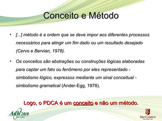 Conceito e Método
•

[...] método é a ordem que se deve impor aos diferentes processos
necessários para atingir um fim dado ou um resultado desejado
(Cervo e Bervian, 1978).

•

Os conceitos são abstrações ou construções lógicas elaboradas
para captar um fato ou fenômeno por eles representado simbolismo lógico, expressos mediante um sinal conceitual simbolismo gramatical (Ander-Egg, 1978).

Logo, o PDCA é um conceito e não um método.

 