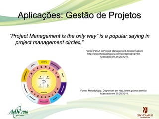 Aplicações: Gestão de Projetos
“Project Management is the only way” is a popular saying in
project management circles.”
Fonte: PDCA in Project Management. Disponível em
http://www.thequalityguru.com/wordpress/?p=69.
Acessado em 21/05/2010.

Fonte: Metodologia. Disponível em http://www.guimar.com.br.
Acessado em 21/05/2010.

 