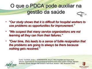 O que o PDCA pode auxiliar na
gestão da saúde
• “Our study shows that it is difficult for hospital workers to
use problems as opportunities for improvement.”
• “We suspect that many service organizations are not
learning all they can from their failures.”
• “Over time, this leads to a sense of futile resignation that
the problems are going to always be there because
nothing gets resolved.”

Fonte: TUCKER, Anita L.; EDMONDSON, Amy C. Why hospitals don't learn from
failures: organizational and psychological dynamics that inhibit system change. Harvard
Business School. Morgan Hall Soldiers Field Road. Boston – MA. November 2002.

 