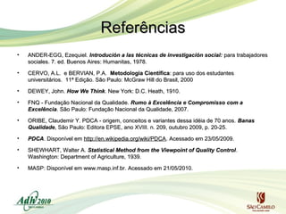 Referências
•

ANDER-EGG, Ezequiel. Introdución a las técnicas de investigación social: para trabajadores
sociales. 7. ed. Buenos Aires: Humanitas, 1978.

•

CERVO, A.L. e BERVIAN, P.A. Metodologia Científica: para uso dos estudantes
universitários. 11ª Edição. São Paulo: McGraw Hill do Brasil, 2000

•

DEWEY, John. How We Think. New York: D.C. Heath, 1910.

•

FNQ - Fundação Nacional da Qualidade. Rumo à Excelência e Compromisso com a
Excelência. São Paulo: Fundação Nacional da Qualidade, 2007.

•

ORIBE, Claudemir Y. PDCA - origem, conceitos e variantes dessa idéia de 70 anos. Banas
Qualidade, São Paulo: Editora EPSE, ano XVIII. n. 209, outubro 2009, p. 20-25.

•

PDCA. Disponível em http://en.wikipedia.org/wiki/PDCA. Acessado em 23/05/2009.

•

SHEWHART, Walter A. Statistical Method from the Viewpoint of Quality Control .
Washington: Department of Agriculture, 1939.

•

MASP: Disponível em www.masp.inf.br. Acessado em 21/05/2010.

 