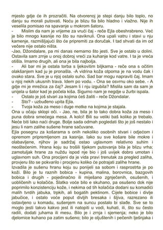 mjesto gdje će ih prozračiti. Na otvorenoj je stepi danju bilo toplo, no
danju su morali putovati. Noću je blizu tla bilo hladno i vlažno. Nije ih
veselila pomisao na spavanje u mokrom šatoru.
- Mislim da nam je vrijeme za vrući čaj - reče Ejla obeshrabreno. Već
je bilo mnogo kasnije no što su naviknuli. Ona upali vatru i stavi u nju
kamenje, razmišljajući što će pripremiti za doručak. I tad shvati da im od
večere nije ostalo ništa.
-Jao, Džondalare, pa mi danas nemamo što jesti. Sve je ostalo u dolini.
Ostavila sam zrnje u onoj dobroj vreći za kuhanje kod vatre. I ta je vreća
otišla. Imamo drugih, ali ona je bila najbolja.
- Ali bar mi je ostala torba s ljekovitim biljkama - reče ona s očitim
olakšanjem kad ju je pronašla. -A vidrina koža otporna je na vodu čak i
ovako stara. Sve je u njoj ostalo suho. Sad bar mogu napraviti čaj. Imam
u njoj nekih ukusnih trava. Idem po vodu. - Ona se osvrnu oko sebe. - A
gdje mi je mrežica za čaj? Jesam li i nju izgubila? Mislila sam da sam je
unijela u šator kad je počela kiša. Sigurno nam je negdje u žurbi ispala.
- Ostalo je još stvari za kojima ćeš žaliti - reče Džondalar.
- Sto? - uzbuđeno upita Ejla.
- Tvoja koža za meso i duge motke na kojima je stajala.
Ona u očaju sklopi oči. - Jao, ne, bila je to tako dobra koža za meso i
puna dobra srnećega mesa. A kolci! Bili su veliki baš koliko je trebalo.
Neće biti lako naći druge. Bolje sada odmah pogledati što je još nestalo i
jesu li nam zalihe sušene hrane sačuvane.
Ejla posegnu za košarama s onih nekoliko osobnih stvari i odjećom i
opremom pripremljenom za kasnije. Iako su sve košare bile mokre i
olabavljene, njihov je sadržaj ostao uglavnom relativno suhim i
neoštećenim. Hrana koju su trošili tijekom putovanja bila je blizu vrha;
zamotuljak hrane za nuždu ispod nje bio i još uvijek dobro umotan i
uglavnom suh. Ona procijeni da je vida pravi trenutak za pregled zaliha,
provjeru što se pokvarilo i procjenu koliko će potrajati zalihe hrane.
Izvadila je sušenu hranu koju su ponijeli sa sobom i rasprostrta je po
koži. Bilo je tu raznih bobica - kupina, malina, borovnica, bazgovih
bobica i drugih - pojedinačno ili miješano zgnječenih, osušenih, i
uobličenih u kolačiće. Slatko voće bilo e skuhano, pa osušeno dok nije
poprimilo konzistenciju kože, i nekima od tih kolačića dodani su komadići
malih tvrdih jabuka, trpkih, ali bogatih pektinom. Cijele bobice i divlje
jabučice, i ostalo voće poput divljih bresaka i šljiva, razrezano ili
ostavljeno u komadu, sušenjem na suncu postalo bi slađe. Sve se to
moglo jesti takvo kakvo jest ili natopiti u vodi, kuhati, ili, što su često
radili, dodati juhama ili mesu. Bilo je i zrnja i sjemenja; neko je bilo
djelomice kuhano pa zatim sušeno; bilo je oljuštenih i pečenih lješnjaka i
 