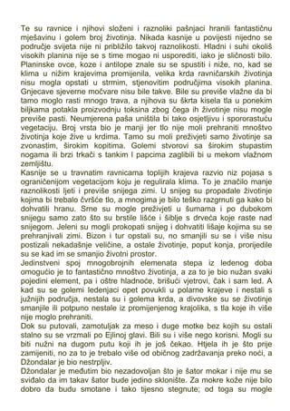 Te su ravnice i njihovi složeni i raznoliki pašnjaci hranili fantastičnu
mješavinu i golem broj životinja. Nikada kasnije u povijesti nijedno se
područje svijeta nije ni približilo takvoj raznolikosti. Hladni i suhi okoliš
visokih planina nije se s time mogao ni usporediti, iako je sličnosti bilo.
Planinske ovce, koze i antilope znale su se spustiti i niže, no, kad se
klima u nižim krajevima promijenila, velika krda ravničarskih životinja
nisu mogla opstati u strmim, stjenovitim područjima visokih planina.
Gnjecave sjeverne močvare nisu bile takve. Bile su previše vlažne da bi
tamo moglo rasti mnogo trava, a njihova su škrta kisela tla u ponekim
biljkama potakla proizvodnju toksina zbog čega ih životinje nisu mogle
previše pasti. Neumjerena paša uništila bi tako osjetljivu i spororastuću
vegetaciju. Broj vrsta bio je manji jer tlo nije moli prehraniti mnoštvo
životinja koje žive u krdima. Tamo su moli preživjeti samo životinje sa
zvonastim, širokim kopitima. Golemi stvorovi sa širokim stupastim
nogama ili brzi trkači s tankim l papcima zaglibili bi u mekom vlažnom
zemljištu.
Kasnije se u travnatim ravnicama toplijih krajeva razvio niz pojasa s
ograničenijom vegetacijom koju je regulirala klima. To je značilo manje
raznolikosti ljeti i previše snijega zimi. U snijeg su propadale životinje
kojima bi trebalo čvršće tlo, a mnogima je bilo teško razgrnuti ga kako bi
dohvatili hranu. Srne su mogle preživjeti u šumama i po dubokom
snijegu samo zato što su brstile lišće i šiblje s drveća koje raste nad
snijegom. Jeleni su mogli prokopati snijeg i dohvatiti lišaje kojima su se
prehranjivali zimi. Bizon i tur opstali su, no smanjili su se i više nisu
postizali nekadašnje veličine, a ostale životinje, poput konja, prorijedile
su se kad im se smanjio životni prostor.
Jedinstveni spoj mnogobrojnih elemenata stepa iz ledenog doba
omogućio je to fantastično mnoštvo životinja, a za to je bio nužan svaki
pojedini element, pa i oštre hladnoće, brišući vjetrovi, čak i sam led. A
kad su se golemi ledenjaci opet povukli u polarne krajeve i nestali s
južnijih područja, nestala su i golema krda, a divovske su se životinje
smanjile ili potpuno nestale iz promijenjenog krajolika, s tla koje ih više
nije moglo prehraniti.
Dok su putovali, zamotuljak za meso i duge motke bez kojih su ostali
stalno su se vrzmali po Ejlinoj glavi. Bili su i više nego korisni. Mogli su
biti nužni na dugom putu koji ih je još čekao. Htjela ih je što prije
zamijeniti, no za to je trebalo više od običnog zadržavanja preko noći, a
Džondalar je bio nestrpljiv.
Džondalar je međutim bio nezadovoljan što je šator mokar i nije mu se
sviđalo da im takav šator bude jedino sklonište. Za mokre kože nije bilo
dobro da budu smotane i tako tijesno stegnute; od toga su mogle
 