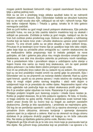 mogao pokriti šezdeset četvornih milja i pojesti osamdeset tisuća tona
bilja u jednoj jedinoj noći.
Dok su se oni s prednjeg kraja oblaka spuštali kako bi se nahranili
mladom zelenom travom, Ejla i Džondalar nađoše se okruženi kukcima
koji su se rojili svuda oko njih, odbijajući se od njih i njihovih konja. Nije
bilo teško natjerati Njisku i Trkača u galop; ionako bi ih bilo gotovo
nemoguće zadržati.
Dok su jurili koliko su god mogli zasuti potopom skakavaca, Ejla pokuša
potražiti Vuka, no sve je bilo zastrto letećim insektima koji su skakali i
odbijali se posvuda. Zviždala je koliko je god mogla, nadajući se da će
Vuk čuti zvižduk preko prodornog zuja. Gotovo se zaletjela u ružičastog
čvorka koji se bacio kroz zrak i uhvatio skakavca upravo pred njezinim
nosom. Tu ona shvati zašto su se ptice okupile u tako velikom broju.
Privukao ih je beskrajni izvor hrane čije je upadljive boje bilo lako vidjeti.
Jake boje koje su privlačile ptice omogućile su i samim skakavcima da
se međusobno lakše prepoznaju kad bi trebalo poletjeti na nove
pašnjake, ali čak i golema jata ptica nisu mogla dovoljno smanjiti rojeve
skakavaca, sve dok ima dovoljno zelenila za prehranu novih naraštaja.
Tek s prestankom kiša i povratkom stepa u uobičajeno suho stanje u
kojem hrane ima samo za manji broj skakavaca, oni će opet postati
dobro prikriveni i ne toliko štetni obični primjerci svoje vrste.
Vuk im se pridružio brzo nakon što su ostavili roj za sobom. Do vremena
kad su se brzi proždrljivi insekti smirili na zemlji gdje će prenoćiti, Ejla i
Džondalar već su se pripremili za noćenje daleko odande; Kad su ujutro
opet krenuli, uputili su se prema sjeveru i malo istočno do visokog brda
kakp bi mogli vidjeti preko ravnog krajolika i steći neki dojam o
udaljenosti koja im je preostala do velike rijeke. Neposredno ispod vrha
brda ugledaše rub područja koje su oblaci skakavaca prošli prije nego
što ih je snažan vjetar otpuhao na more. Razaranje ih je zgrozilo.
Prelijepi proljetni krajolik pun šarenog cvijeća i mlade trave nestao je.
Koliko je pogled dosezao, tlo je bilo potpuno ogoljeno. Ni lista, ni travke,
ni traga zelenila na goloj zemlji. Horda je požderala svaki komad bilja.
Jedini znaci života bili su čvorci koji su tragali za zadnjim zaostalim
skakavcima. Zemlja je bila opustočena, i prostirala se nepristojno gola.
Od tog će se poniženja oporaviti i uzdići će ju njezina stvorenja u svojim
prirodnim živim ciklusima; skriveno korijenje i sjemenje doneseno
vjetrom opet će ju odjenuti u zeleno. Kad su se okrenuli na drugu stranu
dočekao ih je potpuno drukčiji pogled od kojega su im brže zakucala
bila. Na istoku je blještala golema ploha vode, Bersko more.
Pogledavši ga Ejla shvati da je to isto ono more koje je poznavala kad je
bila dijete. Na južnom kraju poluotoka koji se prostiralo i sa sjevera u tu
 