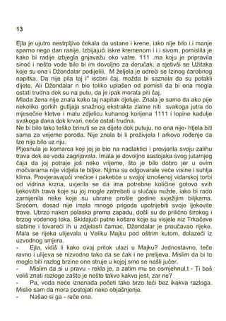 13
Ejla je ujutro nestrpljivo čekala da ustane i krene, iako nije bilo i.i manje
sparno nego dan ranije. Izbijajući iskre kremenom i i i sivom, pomislila je
kako bi radije izbjegla gnjavažu oko vatre. 111 .ma koju je pripravila
sinoć i nešto vode bilo bi im dovoljno za doručak, a sjetivši se Užitaka
koje su ona i Džondalar podijelili, M željela je odreći se Izinog čarobnog
napitka. Da nije pila taj i" iscbni čaj, možda bi saznala da su potakli
dijete. Ali Džondalar n bio toliko uplašen od pomisli da bi ona mogla
ostati trudna dok su na putu, da je ipak morala piti čaj.
Mlada žena nije znala kako taj napitak djeluje. Znala je samo da ako pije
nekoliko gorkih gutljaja snažnog ekstrakta zlatne niti svakoga jutra do
mjesečne kletve i malu zdjelicu kuhanog korijena 1111 i lopine kadulje
svakoga dana dok krvari, neće ostati trudna.
Ne bi bilo tako teško brinuti se za dijete dok putuju, no ona nije- htjela biti
sama za vrijeme poroda. Nije znala bi li preživjela I arkovo rođenje da
Ize nije bilo uz nju.
Pljesnula je komarca koji joj je bio na nadlaktici i provjerila svoju zalihu
trava dok se voda zagrijavala. Imala je dovoljno sastojaka svog jutarnjeg
čaja da joj potraje još neko vrijeme, što je bilo dobro jer u ovim
močvarama nije vidjela te biljke. Njima su odgovarale veće visine i suhlja
klima. Provjeravajući vrećice i paketiće u svojoj iznošenoj vidarskoj torbi
od vidrina krzna, uvjerila se da ima potrebne količine gotovo svih
ljekovitih trava koje su joj mogle zatrebati u slučaju nužde, iako bi rado
zamijenila neke koje su ubrane prošle godine svježijim biljkama.
Srećom, dosad nije imala mnogo prigoda upotrijebiti svoje ljekovite
trave. Ubrzo nakon polaska prema zapadu, došli su do prilično širokog i
brzog vodenog toka. Skidajući putne košare koje su visjele niz Trkačeve
slabine i tovareći ih u zdjelasti čamac, Džondalar je proučavao rijeke.
Mala se rijeka ulijevala u Veliku Majku pod oštrim kutom, dolazeći iz
uzvodnog smjera.
- Ejla, vidiš li kako ovaj pritok ulazi u Majku? Jednostavno, teče
ravno i ulijeva se nizvodno tako da se čak i ne prelijeva. Mislim da bi to
moglo biti razlog brzine one struje u kojoj smo se našli jučer.
- Mislim da si u pravu - rekla je, a zatim mu se osmjehnul.t - Ti baš
voliš znati razloge zašto je nešto takvo kakvo jest, zar ne?
- Pa, voda neće iznenada početi tako brzo teći bez ikakva razloga.
Mislio sam da mora postojati neko objašnjenje.
- Našao si ga - reče ona.
 