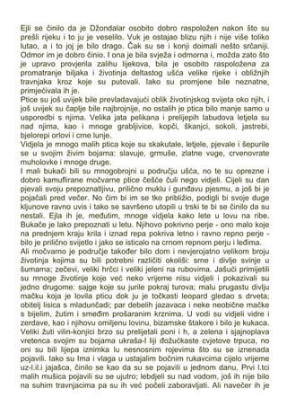 Ejli se činilo da je Džondalar osobito dobro raspoložen nakon što su
prešli rijeku i to ju je veselilo. Vuk je ostajao blizu njih i nije više toliko
lutao, a i to joj je bilo drago. Čak su se i konji doimali nešto srčaniji.
Odmor im je dobro činio. I ona je bila svježa i odmorna i, možda zato što
je upravo provjerila zalihu lijekova, bila je osobito raspoložena za
promatranje biljaka i životinja deltastog ušća velike rijeke i obližnjih
travnjaka kroz koje su putovali. Iako su promjene bile neznatne,
primjećivala ih je.
Ptice su još uvijek bile prevladavajući oblik životinjskog svijeta oko njih, i
još uvijek su čaplje bile najbrojnije, no ostalih je ptica bilo manje samo u
usporedbi s njima. Velika jata pelikana i prelijepih labudova letjela su
nad njima, kao i mnoge grabljivice, kopči, škanjci, sokoli, jastrebi,
bjelorepi orlovi i crne lunje.
Vidjela je mnogo malih ptica koje su skakutale, letjele, pjevale i šepurile
se u svojim živim bojama: slavuje, grmuše, zlatne vuge, crvenovrate
muholovke i mnoge druge.
I mali bukači bili su mnogobrojni u području ušća, no te su oprezne i
dobro kamuflirane močvarne ptice češće čuli nego vidjeli. Cijeli su dan
pjevali svoju prepoznatljivu, prilično muklu i gunđavu pjesmu, a još bi je
pojačali pred večer. No čim bi im se tko približio, podigli bi svoje duge
kljunove ravno uvis i tako se savršeno utopili u trski te bi se činilo da su
nestali. Ejla ih je, međutim, mnoge vidjela kako lete u lovu na ribe.
Bukače je lako prepoznati u letu. Njihovo pokrivno perje - ono malo koje
na prednjem kraju krila i iznad repa pokriva letno i ravno repno perje -
bilo je prilično svijetlo i jako se isticalo na crnom repnom perju i leđima.
Ali močvarno je područje također bilo dom i nevjerojatno velikom broju
životinja kojima su bili potrebni različiti okoliši: srne i divlje svinje u
šumama; zečevi, veliki hrčci i veliki jeleni na rubovima. Jašući primijetili
su mnoge životinje koje već neko vrijeme nisu vidjeli i pokazivali su
jedno drugome: sajge koje su jurile pokraj turova; malu prugastu divlju
mačku koja je lovila pticu dok ju je točkasti leopard gledao s drveta;
obitelj lisica s mladunčadi; par debelih jazavaca i neke neobične mačke
s bijelim, žutim i smeđim prošaranim krznima. U vodi su vidjeli vidre i
zerdave, kao i njihovu omiljenu lovinu, bizamske štakore i bilo je kukaca.
Veliki žuti vilin-konjici brzo su prelijetali poni i h, a zelena i sjajnoplava
vretenca svojim su bojama ukraša-l liji đožućkaste cvjetove trpuca, no
oni su bili lijepa iznimka lu nesnosnim rojevima što su se iznenada
pojavili. Iako su Ima i vlaga u ustajalim bočnim rukavcima cijelo vrijeme
uz-l.il.i jajašca, činilo se kao da su se pojavili u jednom danu. Prvi l.tci
malih mušica pojavili su se ujutro; lebdjeli su nad vodom, još ih nije bilo
na suhim travnjacima pa su ih već počeli zaboravljati. Ali navečer ih je
 