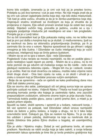 krzno bilo svidjelo, iznenadio ju je crni vuk koji joj je preoteo lovinu.
Poletjela su još dva kamena i vuk je pao mrtav. No nije mogla znati da je
taj crni vuk ustvari izgladnjela ženka koja doji; nije bilo doba mladunčadi.
Tek kad je ubila vučicu, shvatila je da je to ženka-usamljenica koja doji.
Osjećajući snažnu srodnosti sa životinjom za koju je shvatila da je
protjerana iz čopora, Ejla odluči pronaći siročad koja će ostati bez svoje
obitelji. Slijedeći vučičin trag, pronašla je jazbinu, uvukla se u nju i
napipala posljednje mladunče još neodbijeno od sise i tek progledalo.
Ponijela ga je u Lavlji tabor.
Svi su bili iznenađeni kad je Ejla pokazala malog vuka, no ne toliko kao
kad je prvi put došla s konjima koji su je slušali. U međuvremenu, ljudi su
se naviknuli na ženu sa sklonošću pripitomljavanja životinja, pa ih je
zanimalo što će ona s vukom. Njezina sposobnost da ga othrani i odgoji
mnogima je bila čudna. I Džondalar se čudio inteligenciji koju je vučić
pokazivao, inteligenciji koja se činila gotovo ljudskom.
- Mislim da se on to igra s tobom, Ejla - reče Džondalar.
Pogledavši Vuka nerado se morala nasmiješiti, na što on podiže glavu i
poče nestrpljivo lupati repom po zemlji. - Mislim da si u pravu, no to mi
neće pomoći da ga odučim od žvakanja svega na što naiđe - reče ona
gledajući razderanu taborsku cipelu. - Mogla bih mu je i ostaviti, ionako
ju je uništio. Kad će imati stvarčicu za zabavu, možda neko vrijeme neće
dirati druge stvari - Ona baci cipelu na vuka, a on skoči i uhvati je u
zraku s izrazom koji je Džondalar prozvao vučjim osmijehom.
- Bolje da se spremimo - reče on sjetivši se kako prethodnog dana nisu
otišli baš daleko prema jugu.
Ejla se osvrnu oko sebe, zaklanjajući oči od jakog sunca koje se upravo
počinjalo uzdizati na istoku. Vidjevši Njisku i Trkača na livadi iza grmljem
obraslog komada zemlje oko kojega je zaokretala rijeka, ona zazviždi
prepoznatljivim zviždukom, sličnome onome kojim je prije dozvala Vuka.
Tamnožuta kobila podiže glavu, zarza i potrči prema ženi, a mladi ju je
pastuh pritom slijedio.
Spustili su šator, složili opremu i spremili je u košare, natovarili konje, i
bili već spremni za polazak, kad Džondalar odluči iznova razmjestiti
kolce za šatore u jednu košaru, a koplja u drugu, ne bi li tako bolje
uravnotežio teret. Čekajući ga, Ejla se nasloni na Njisku. To je za obje
bio udoban i prisan položaj, dodirivanje na koje su naviknule dok je
mlada ždrebica bila jedino Ejlino društvo u bogatoj, ali usamljeničkoj
dolini.
Ejla je ubila i Njiskinu majku. Dotad je već godinama lovila, ali samo
praćkom. Naviknula se rabiti oružja koja je lako sakriti, a svoje kršenje
plemenskih tabua opravdala je time što je lovila pretežno grabljivice koji
 