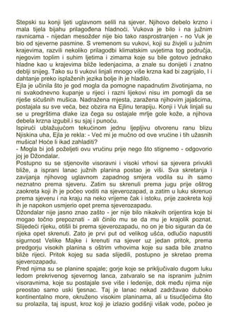 Stepski su konji ljeti uglavnom selili na sjever. Njihovo debelo krzno i
mala tijela bijahu prilagođena hladnoći. Vukova je bilo i na južnim
ravnicama - nijedan mesožder nije bio tako rasprostranjen - no Vuk je
bio od sjeverne pasmine. S vremenom su vukovi, koji su živjeli u južnim
krajevima, razvili nekoliko prilagodbi klimatskim uvjetima tog područja,
njegovim toplim i suhim ljetima i zimama koje su bile gotovo jednako
hladne kao u krajevima bliže ledenjacima, a znale su donijeti i znatno
deblji snijeg. Tako su ti vukovi linjali mnogo više krzna kad bi zagrijalo, I i
dahtanje preko isplaženih jezika bolje ih je hladilo.
Ejla je učinila što je god mogla da pomogne napadnutim životinjama, no
ni svakodnevno kupanje u rijeci i razni lijekovi nisu im pomogli da se
riješe sićušnih mušica. Nadražena mjesta, zaražena njihovim jajašcima,
postajala su sve veća, bez obzira na Ejlinu terapiju. Konji i Vuk linjali su
se u pregrštima dlake iza čega su ostajale mrlje gole kože, a njihova
debela krzna izgubil.i su sjaj i punoću.
Ispirući ublažujućom tekućinom jednu ljepljivu otvorenu ranu blizu
Njiskina uha, Ejla je rekla: - Već mi je mučno od ove vrućine i tih užasnih
mušica! Hoće li ikad zahladiti?
- Mogla bi još poželjeti ovu vrućinu prije nego što stignemo - odgovorio
joj je Džondalar.
Postupno su se stjenovite visoravni i visoki vrhovi sa sjevera privukli
bliže, a isprani lanac južnih planina postao je viši. Sva skretanja i
zavijanja njihovog uglavnom zapadnog smjera vodila su ih samo
neznatno prema sjeveru. Zatim su skrenuli prema jugu prije oštrog
zaokreta koji ih je počeo voditi na sjeverozapad, a zatim u luku skrenuo
prema sjeveru i na kraju na neko vrijeme čak i istoku, prije zaokreta koji
ih je napokon usmjerio opet prema sjeverozapadu.
Džondalar nije jasno znao zašto - jer nije bilo nikakvih orijentira koje bi
mogao točno prepoznati - ali činilo mu se da mu je krajolik poznat.
Slijedeći rijeku, otišli bi prema sjeverozapadu, no on je bio siguran da će
rijeka opet skrenuti. Zato je prvi put od velikog ušća, odlučio napustiti
sigurnost Velike Majke i krenuti na sjever uz jedan pritok, prema
predgorju visokih planina s oštrim vrhovima koje su sada bile znatno
bliže rijeci. Pritok kojeg su sada slijedili, postupno je skretao prema
sjeverozapadu.
Pred njima su se planine spajale; gorje koje se priključivalo dugom luku
ledom prekrivenog sjevernog lanca, zatvaralo se na ispranim južnim
visoravnima, koje su postajale sve više i ledenije, dok među njima nije
preostao samo uski tjesnac. Taj je lanac nekad zadržavao duboko
kontinentalno more, okruženo visokim planinama, ali u tisućljećima što
su prolazila, taj ispust, kroz koji je izlazio godišnji višak vode, počeo je
 