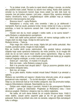 - To je dobar znak. Za sada ću opet staviti udlagu i zavoje, za slučaj
ako poželiš malo ustati. Noćas ću staviti novi oblog. Kada otok splasne,
omotat ću to brezovom korom koja mora ostati na tebi dok kost ne
zaraste; bar još jedan mjesec i još pola - objasni Ejla, spretno skidajući
vlažnu divokozinu kožu i pregledavajući veliki podljev koji je nastao
njezinim intervencijama dan prije.
- Brezovu koru? - upita Rošario.
- Natopljena u vrućoj vodi, ona omekša i lako ju je oblikovati i
namjestiti. Kad se osuši, postane tvrda i kruta i držat će ti ruku u ravnom
položaju, a kost će ispravno zarasti čak i kad budeš na nogama i u
pokretu.
- Hoćeš reći da ću moći ustajati i nešto raditi, a ne samo ležati? -
upita Rošario s oduševljenim osmijehom.
- Moći ćeš raditi samo jednom rukom, ali nema razloga zašto ne bi
mogla stati na obje noge. Ovdje te drži samo bol.
Rošario kimne. - Tako je.
- Prije nego što vratim ove ovoje, htjela bih još nešto pokušati. Ako
možeš, pomakni prste; moglo bi malo boljeti.
Ejla se trudila skriti svoju zabrinutost. Ako postoji kakva unutarnja
ozljeda koja sada sprečava bolesnicu da miče prstima, to bi moglo biti
znak da će se tom rukom moći služiti samo ograničeno. Obje su žene
napeto gledale i obje su se s olakšanjem osmjehnule kada joj je uspjelo
maknuti najprije srednjak, a onda i sve ostale prste.
- Dobro je! - reče Ejla. -A možeš li ih skupiti.
- Boli me malo - reče Rošario svijajući prste.
- Boli li te previše kad skupiš šaku? - Ejla je pozorno gledala dok je
ova polako sklapala šaku.
- Boli me, ali mogu.
- To je jako dobro. Koliko možeš micati šaku? Možeš li je okretati u
zglobu.
Rošario se namrštila od napora i disala kroz stisnute zube, ali je uspjela
pomaknuti ruku naprijed. - To će biti dovoljno - reče Ejla.
Obje su se okrenule kad je Vuk kratko zalajavši, kao da promuklo kašlje,
najavio Džondalarov dolazak. Nasmiješile su mu se.
- Došao sam vidjeti mogu li pomoći. Hoćeš li da pomognem Rošario
da iziđe? - upitao je Džondalar. Pogledao je Rošarijinu ruku i brzo
skrenuo pogled. Otečena i obojena nije mu dobro izgledala.
- Ne sada, ali ovih dana trebat će mi svježe brezove kore. Vidiš li
veće stablo, zasad samo zapamti gdje je da mi ga poslije možeš
pokazati. Kora će joj držati ruku dok ne zaraste, odgovori Ejla zamatajući
ruku u udlagu.
 