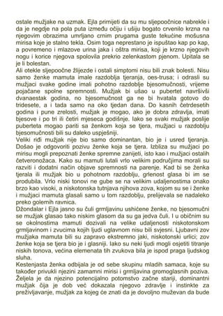 ostale mužjake na uzmak. Ejla primijeti da su mu sljepoočnice nabrekle i
da je negdje na pola puta između očiju i ušiju bogato crvenilo krzna na
njegovim obrazima umrljano crnim prugama guste tekućine mošusna
mirisa koje je stalno tekla. Osim toga neprestano je ispuštao kap po kap,
a povremeno i mlazove urina jaka i oštra mirisa, koji je krzno njegovih
nogu i korice njegova spolovila prekrio zelenkastom pjenom. Upitala se
je li bolestan.
Ali otekle sljepoočne žlijezde i ostali simptomi nisu bili znak bolesti. Nisu
samo ženke mamuta imale razdoblja tjeranja, oes-trusa; i odrasli su
mužjaci svake godine imali pohotno razdoblje bjesomučnosti, vrijeme
pojačane spolne spremnosti. Mužjak bi ušao u pubertet navršivši
dvanaestak godina, no bjesomučnost ga ne bi hvatala gotovo do
tridesete, a i tada samo na oko tjedan dana. Do kasnih četrdesetih
godina i pune zrelosti, mužjak je mogao, ako je dobra zdravlja, imati
bjesove i po tri ili četiri mjeseca godišnje. Iako se svaki mužjak poslije
puberteta mogao pariti sa ženkom koja se tjera, mužjaci u razdoblju
bjesomučnosti bili su daleko uspješniji.
Veliki riđi mužjak nije bio samo dominantan, bio je i usred tjeranja.
Došao je odgovoriti pozivu ženke koja se tjera. Izbliza su mužjaci po
mirisu mogli prepoznati ženke spremne zanijeti, isto kao i mužjaci ostalih
četveronožaca. Kako su mamuti lutali vrlo velikim područjima morali su
razviti i dodatni način objave spremnosti na parenje. Kad bi se ženka
tjerala ili mužjak bio u pohotnom razdoblju, grlenost glasa bi im se
produbila. Vrlo niski tonovi ne gube se na velikim udaljenostima onako
brzo kao visoki, a niskotonska tutnjava njihova zova, kojom su se i ženke
i mužjaci mamuta glasali samo u tom razdoblju, prelijevala se nadaleko
preko golemih ravnica.
Džondalar i Ejla jasno su čuli grmljavinu ushićene ženke, no bjesomučni
se mužjak glasao tako niskim glasom da su ga jedva čuli. I u običnim su
se okolnostima mamuti dozivali na velike udaljenosti niskotonskom
grmljavinom i zvucima kojih ljudi uglavnom nisu bili svjesni. Ljubavni zov
mužjaka mamuta bili su zapravo ekstremno jaki, niskotonski urlici; zov
ženke koja se tjera bio je i glasniji. Iako su neki ljudi mogli osjetiti titranje
niskih tonova, većina elemenata tih zvukova bila je ispod praga ljudskog
sluha.
Kestenjasta ženka odbijala je od sebe skupinu mladih samaca, koje su
također privukli njezini zamamni mirisi i grmljavina gromoglasnih poziva.
Željela je da njezino potencijalno potomstvo začne stariji, dominantni
mužjak čija je dob već dokazala njegovo zdravlje i instinkte za
preživljavanje, mužjak za kojeg će znati da je dovoljno muževan da bude
 