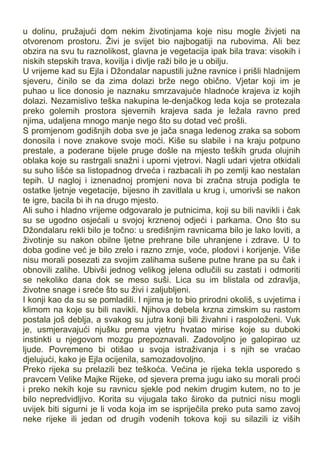 u dolinu, pružajući dom nekim životinjama koje nisu mogle živjeti na
otvorenom prostoru. Živi je svijet bio najbogatiji na rubovima. Ali bez
obzira na svu tu raznolikost, glavna je vegetacija ipak bila trava: visokih i
niskih stepskih trava, kovilja i divlje raži bilo je u obilju.
U vrijeme kad su Ejla i Džondalar napustili južne ravnice i prišli hladnijem
sjeveru, činilo se da zima dolazi brže nego obično. Vjetar koji im je
puhao u lice donosio je naznaku smrzavajuće hladnoće krajeva iz kojih
dolazi. Nezamislivo teška nakupina le-denjačkog leda koja se protezala
preko golemih prostora sjevernih krajeva sada je ležala ravno pred
njima, udaljena mnogo manje nego što su dotad već prošli.
S promjenom godišnjih doba sve je jača snaga ledenog zraka sa sobom
donosila i nove znakove svoje moći. Kiše su slabile i na kraju potpuno
prestale, a poderane bijele pruge došle na mjesto teških gruda olujnih
oblaka koje su rastrgali snažni i uporni vjetrovi. Nagli udari vjetra otkidali
su suho lišće sa listopadnog drveća i razbacali ih po zemlji kao nestalan
tepih. U nagloj i iznenadnoj promjeni nova bi zračna struja podigla te
ostatke ljetnje vegetacije, bijesno ih zavitlala u krug i, umorivši se nakon
te igre, bacila bi ih na drugo mjesto.
Ali suho i hladno vrijeme odgovaralo je putnicima, koji su bili navikli i čak
su se ugodno osjećali u svojoj krznenoj odjeći i parkama. Ono što su
Džondalaru rekli bilo je točno: u središnjim ravnicama bilo je lako loviti, a
životinje su nakon obilne ljetne prehrane bile uhranjene i zdrave. U to
doba godine već je bilo zrelo i razno zrnje, voće, plodovi i korijenje. Više
nisu morali posezati za svojim zalihama sušene putne hrane pa su čak i
obnovili zalihe. Ubivši jednog velikog jelena odlučili su zastati i odmoriti
se nekoliko dana dok se meso suši. Lica su im blistala od zdravlja,
životne snage i sreće što su živi i zaljubljeni.
I konji kao da su se pomladili. I njima je to bio prirodni okoliš, s uvjetima i
klimom na koje su bili navikli. Njihova debela krzna zimskim su rastom
postala još deblja, a svakog su jutra konji bili živahni i raspoloženi. Vuk
je, usmjeravajući njušku prema vjetru hvatao mirise koje su duboki
instinkti u njegovom mozgu prepoznavali. Zadovoljno je galopirao uz
ljude. Povremeno bi otišao u svoja istraživanja i s njih se vraćao
djelujući, kako je Ejla ocijenila, samozadovoljno.
Preko rijeka su prelazili bez teškoća. Većina je rijeka tekla usporedo s
pravcem Velike Majke Rijeke, od sjevera prema jugu iako su morali proći
i preko nekih koje su ravnicu sjekle pod nekim drugim kutem, no to je
bilo nepredvidljivo. Korita su vijugala tako široko da putnici nisu mogli
uvijek biti sigurni je li voda koja im se ispriječila preko puta samo zavoj
neke rijeke ili jedan od drugih vodenih tokova koji su silazili iz viših
 