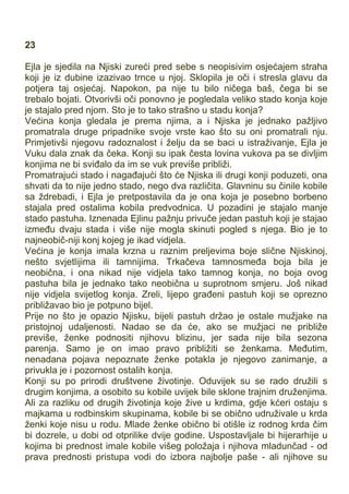 23
Ejla je sjedila na Njiski zureći pred sebe s neopisivim osjećajem straha
koji je iz dubine izazivao trnce u njoj. Sklopila je oči i stresla glavu da
potjera taj osjećaj. Napokon, pa nije tu bilo ničega baš, čega bi se
trebalo bojati. Otvorivši oči ponovno je pogledala veliko stado konja koje
je stajalo pred njom. Sto je to tako strašno u stadu konja?
Većina konja gledala je prema njima, a i Njiska je jednako pažljivo
promatrala druge pripadnike svoje vrste kao što su oni promatrali nju.
Primjetivši njegovu radoznalost i želju da se baci u istraživanje, Ejla je
Vuku dala znak da čeka. Konji su ipak česta lovina vukova pa se divljim
konjima ne bi sviđalo da im se vuk previše približi.
Promatrajući stado i nagađajući što će Njiska ili drugi konji poduzeti, ona
shvati da to nije jedno stado, nego dva različita. Glavninu su činile kobile
sa ždrebadi, i Ejla je pretpostavila da je ona koja je posebno borbeno
stajala pred ostalima kobila predvodnica. U pozadini je stajalo manje
stado pastuha. Iznenada Ejlinu pažnju privuče jedan pastuh koji je stajao
između dvaju stada i više nije mogla skinuti pogled s njega. Bio je to
najneobič-niji konj kojeg je ikad vidjela.
Većina je konja imala krzna u raznim preljevima boje slične Njiskinoj,
nešto svjetlijima ili tamnijima. Trkačeva tamnosmeđa boja bila je
neobična, i ona nikad nije vidjela tako tamnog konja, no boja ovog
pastuha bila je jednako tako neobična u suprotnom smjeru. Još nikad
nije vidjela svijetlog konja. Zreli, lijepo građeni pastuh koji se oprezno
približavao bio je potpuno bijel.
Prije no što je opazio Njisku, bijeli pastuh držao je ostale mužjake na
pristojnoj udaljenosti. Nadao se da će, ako se mužjaci ne približe
previše, ženke podnositi njihovu blizinu, jer sada nije bila sezona
parenja. Samo je on imao pravo približiti se ženkama. Međutim,
nenadana pojava nepoznate ženke potakla je njegovo zanimanje, a
privukla je i pozornost ostalih konja.
Konji su po prirodi društvene životinje. Oduvijek su se rado družili s
drugim konjima, a osobito su kobile uvijek bile sklone trajnim druženjima.
Ali za razliku od drugih životinja koje žive u krdima, gdje kćeri ostaju s
majkama u rodbinskim skupinama, kobile bi se obično udruživale u krda
ženki koje nisu u rodu. Mlade ženke obično bi otišle iz rodnog krda čim
bi dozrele, u dobi od otprilike dvije godine. Uspostavljale bi hijerarhije u
kojima bi prednost imale kobile višeg položaja i njihova mladunčad - od
prava prednosti pristupa vodi do izbora najbolje paše - ali njihove su
 