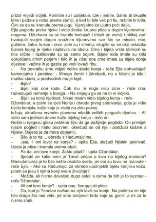 prizor vrijedi vidjeti. Ponirale su i uzlijetale, čak i jedrile. Samo bi skupile
krila i padale s neba prema zemlji, a kad bi bile već pri tlu, raširile bi krila.
Čini se da su krenule prema jugu. Vjerojatno će ujutro poći dalje.
Ejla pogleda preko rijeke i vidje široke krupne ptice s dugim kljunovima i
nogama. Užurbano su se hranile hodajući i trčeći po zemlji i plitkoj vodi
hvatajući svojim dugim snažnim kljunovima sve što se micalo, ribe,
guštere, žabe, kukce i crve. Jele su i strvinu: okupile su se oko ostataka
bizona kojeg je rijeka naplavila na obalu. Crna i bijela vrsta oblikom su
bile slične i razlikovale su se samo bojom. Bijele rode imale su krila
obrubljena crnim perjem i bilo ih je više; one crne imale su bijele donje
dijelove i većina ih je gazila po vodi loveći ribu.
- Na povratku smo vidjeli veliko stado konja - reče Ejla dohvaćajući
kamenjarke i jarebice. - Mnogo ženki i ždrebadi, no u blizini je bilo i
muško stado, a predvodnik mu je bijel.
- Bijel?
- Bijel kao one rode. Čak mu ni noge nisu crne - reče ona,
razvezujući remenje s bisaga. - Na snijegu ga se ne bi ni vidjelo.
- Bijeli su konji rijetkost. Nikad nisam vidio bijelog konja - reče
Džondalar, a zatim se sjeti Norije i obreda prvog sparivanja, gdje je vidio
bijelu konjsku kožu koja je visila na zidu pokraj
ležaja, ukrašena crvenim glavama mladih velikih pjegavih djedica. - Ali
vidio sam jednom davno kožu bijelog konja - reče on.
Nešto u njegovu glasu potakne Ejlu da ga pažljivije pogleda. On primijeti
njezin pogled i malo pocrveni, okrećući se od nje i podižući košare s
Njiske. Osjetio je da mora objasniti.
- Bilo je to na ... obredu s Hadumajcima.
- Jesu li oni lovci na konje? - upita Ejla, slažući Njiskin pokrivač.
Uzela je ptice i krenula prema obali.
- Pa da, oni love konje. Zašto pitaš? - upita Džondalar.
- Sjećaš se kako nam je Tavut pričao o lovu na bijelog mamuta?
Mamutoncima je to bilo nešto osobito sveto, jer oni su lovci na mamute -
reče Ejla. - Ako su Hadumajci za obrede upotrijebili bijelu konjsku kožu,
pitam se jesu li njima konji svete životinje?
- Možda, ali nismo dovoljno dugo ostali s njima da bih ja to saznao -
reče Džondalar.
- Ali oni love konje? - upita ona, čerupajući ptice.
- Da, kad je Tonolan naišao na njih lovili su konje. Na početku im nije
bilo drago što nas vide, jer smo rastjerali krdo koje su gonili, a mi za to
nismo znali.
 