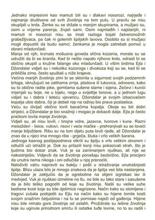 Jednako impresivni kao mamuti bili su i dlakavi nosorozi, najrjeđe i
najmanje društvene od svih životinja na tom putu. U pravilu se nisu
okupljali u krda. Ženke su se držale u manjim skupinama, a mužjaci su,
osim u vrijeme parenja, živjeli sami. Osim najmlađih i najstarijih, ni
mamuti ni nosorozi nisu se imali razloga bojati četveronožnih
grabežljivaca, pa čak ni golemih špiljskih lavova. Osobito su si mužjaci
mogli dopustiti da budu samci; ženkama je mogla zatrebati pomoć u
obrani mladunčadi.
Manja od njih, krznata mošusna goveda slična kozama, morala su se
udružiti da bi se branila. Kad bi nešto napalo njihovo krdo, odrasli bi se
obično okupili u kružne falange oko mladunčadi. U višim brdima Ejla i
Džondalar vidjeli su i nekoliko kozoroga i divokoza koji su se, kad bi se
približila zima, često spuštali u niže krajeve.
Većina manjih životinja zimi bi se sklonila u sigurnost svojih podzemnih
brloga, okružujući se zalihama zrnja, plodova ili lukovica, odnosno, kako
su to obično radile pike, gomilama sušene slame i sijena. Zečevi i kunići
mijenjali su boje, ne u bijelu, nego u svijetlije tonove, a u jednom lugu
vidjeli su i dabra i leteću vjevericu. Džondalar je svojim izbacivačem
kopalja ubio dabra, čiji je debeli rep na ražnju bio prava poslastica.
Veću su divljač obično lovili bacačima kopalja. Oboje su bili dobri
strijelci, a Džondalar je bio snažniji i mogao je dobaciti dalje. Ejla je često
praćkom lovila manje životinje.
Vidjeli su, ali nisu lovili, i brojne vidre, jazavce, tvorove i kune. Razni
mesožderi - lisice, vukovi, risovi i veće mačke - prehranjivali su se loveći
manje biljoždere. Ribu su na tom dijelu puta lovili rjeđe, ali Džondalar je
znao da u rijeci ima mnogo ribe - grgeča, štuka i vrlo velikih šarana.
Jednoga kasnog poslijepodneva otkrili su špilju s vrlo velikim otvorom i
odlučili ući istražiti je. Dok su prilazili konji nisu pokazivali strah, što je
ljudima bio dobar znak. Vuk je sa zanimanjem njuškao, ali nije se
nakostriješio. Vidjevši da se životinje ponašaju bezbrižno, Ejla procijeni
da unutra nema nikoga i oni odlučiše u njoj prenoćiti.
Naloživši vatru napravili su baklju i pošli u istraživanje unutrašnjosti
špilje. Blizu ulaza bilo je mnogo znakova da je špilja već bila nastanjena.
Džondalar je zaključio da je ogrebotine na stijeni izgrebao lav ili
medvjed. Vuk je njuškao izmetine na tlu, no bile su tako stare i sasušene
da je bilo teško pogoditi od koje su životinje. Našli su velike suhe
bedrene kosti koje su bile djelimice nagrizene. Način kako su slomljene i
tragovi zubala podsjetili su Ejlu na način kako su hijene lomile kosti
svojim snažnim čeljustima i na tu se pomisao naježi od gađenja. Hijene
nisu bile nimalo gore životinje od ostalih. Proždirale su lešine životinja
koje su uginule prirodnom smrću ili ostatke tuđe lovine, no to su radili i
 