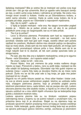 špiljskog medvjeda? Bila je sretna što je medvjed već počeo svoj dugi
zimski san i što ga nije uznemirila. Brzo je ugasila vatru bacajući zemlju
po njoj, a zatim uzme svoju košaru i odmakne je od špilje. Na sreću nisu
mnogo stvari izvadili iz košare. Vratila se po Džondalarovu košaru, a
zatim sama odvukla i saonice. Kada je uzela svoju košaru da bi je
ponijela još dalje, pojavio se i Džondalar s napunjenim mješinama.
- Ejla, što to radiš? - upita on
- U špilji je špiljski medvjed - reče ona. Na njegov iznenađen pogled
dodala je: - Mislim da je počeo zimski san, ali ako ih se probudi
početkom zime znaju se razgoropaditi, bar su mi tako pričali.
- Tko ti je to pričao?
- Lovci iz Brunova plemena. Promatrala sam kad su razgovarali o
lovu... ponekad - objasni Ejla, a zatim se nasmiješi - ne baš samo
ponekad. Gledala sam kad god sam mogla, osobito otkad sam počela
vježbati lov praćkom. Muškarci obično nisu obraćali pažnju na djevojčicu
koja se mota okolo. Znala sam da me neće htjeti podučiti, ali mnogo sam
mogla naučiti promatrajući njihove priče o lovu. Mislila sam da bi se
mogli naljutiti kad bi to doznali, ali tek sam poslije spoznala kako je
stroga kazna.
- Pa sad, ako itko išta zna o špiljskim medvjedima, onda je to sigurno
Pleme - reče Džondalar. -Je li opasno ostati ovdje?
- Ne znam, radije ne bih - reče ona.
- Pozovi Njisku. Ima još vremena da prije mraka nađemo drugo
mjesto za logor. Prenoćivši u šatoru, rano su pošli dalje, nastojeći se što
više udaljiti od špiljskog medvjeda. Džondalar nije htio gubiti vrijeme na
sušenje mesa i uvjerio Ejlu kako je dovoljno hladno da se meso neće
pokvari. Žurilo mu se da što prije ode iz tog kraja, jer gdje ima jedan
medvjed bit će i drugih.
Stigavši na vrh jedne klisure zastali su. Kroz oštar hladan i bistar zrak,
na sve je strane pucao veličanstven pogled. Istočno se uzdizala nešto
niža, snijegom pokrivena planina, koja je privlačila pogled prema
istočnom planinskom lancu, sada bližem, koji se zavijao oko njih. Ledom
okovane planine nisu bile osobito visoke, a najviši su im vrhovi išli prema
sjeveru uzdižući se u nizu oštrih bijelih vrhunaca čija se ledenjačka boja
gubila u dubokom modrom nebu.
Ledene sjeverne planine bile su na širokom vanjskom pojasu
zakrivljenog lanca u kojemu su se putnici nalazili u unutarnjem luku, na
prilazima lancu koji ih je okruživao. Stajali su na sljemenu koje se
protezalo sjevernim dijelom prastarog mora od kojeg je nastala središnja
ravnica. Veliki ledenjak, gusto zbijeni komad tvrdog leda koji se proširio
sa sjevera pokrivajući gotovo četvrtinu zemlje, završavao je planinskim
 