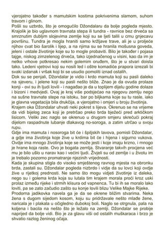 vjerojatno također s mamutskim kostima pokrivenima slamom, suhom
travom i glinom.
Pošli su uzbrdo, što je omogućilo Džondalaru da bolje pogleda mjesto.
Krajolik je bio uglavnom travnata stepa ili tundra - ravnice bez drveća sa
smrznutim dubljim slojevima zemlje koji su se ljeti talili u crnu gnjecavu
površinu. Tundra je mogla hraniti samo kržljave trave, ali je u proljeće
njihov cvat bio šarolik i lijep, a na njima su se hranila mošusna goveda,
jeleni i ostale životinje koje su to mogle probaviti. Bilo je također i pojasa
tajge, niskog zimzelenog drveća, tako izjednačenog u visini, kao da im je
netko vrhove potkresao nekim golemim oruđem, što je u stvari doista
tako. Ledeni vjetrovi koji su nosili led i oštre komadiće prapora izrezali bi
svaki izdanak i vršak koji bi se usudio pomoliti iznad ostalih.
Dok su se penjali, Džondalar je vidio i krdo mamuta koji su pasli daleko
na sjeveru, i jelene koji su pasli nešto bliže. Znao je da ovuda prolaze
konji - ovi su ih ljudi lovili - i nagađao je da u toplijem dijelu godine dolaze
i bizoni i medvjedi. Ovaj je kraj više podsjećao na njegovu zemlju nego
na sušne travnate stepe na istoku, bar po biljkama koje su tu rasle, iako
je glavna vegetacija bila drukčija, a vjerojatno i omjeri u broju životinja.
Krajem oka Džondalar uhvati neki pokret s lijeva. Okrenuo se na vrijeme
da vidi bijelog zeca koji je pretrčao preko brda bježeći pred arktičkom
lisicom. Veliki zec naglo se okrenuo u drugom smjeru skrećući pokraj
dijelom raspadnute lubanje dlakavog no-soroga, a zatim utrčao u svoju
rupu.
Gdje ima mamuta i nosoroga bit će i špiljskih lavova, pomisli Džondalar,
a gdje ima životinja koje žive u krdima bit će i hijena i sigurno vukova.
Ovdje ima mnogo životinja koje se može jesti i koje imaju krzno, i mnogo
je hrane koja raste. Ovo je bogata zemlja. Stvaranje takvih procjena već
mu je bilo ušlo u narav kao i većini ljudi. Živjeli su od zemlje i u životu im
je trebalo pozorno promatranje njezinih vrijednosti.
Kada je skupina stigla do visoko smještenog ravnog mjesta na obronku
brda, zastali su. Džondalar pogleda nizbrdo i vidje da su lovci koji ovdje
žive u rijetkoj prednosti. Ne samo što mogu vidjeti životinje iz daleka,
nego su i golema krda koja su lutala tim krajem morala proći kroz uski
prolaz između rijeke i strmih klisura od vapnenca. Tu bi ih se moralo lako
loviti, pa se zato začudio zašto su konje lovili blizu Velike Majke Rijeke.
Prodorna jadikovka navela ga je da se okrene bližim stvarima. Neka
žena s dugom sijedom kosom, koju su pridržavale nešto mlađe žene,
naricala je i plakala u očigledno dubokoj boli. Naglo se otrgnula, pala na
koljena i bacila na nešto što je ležalo na zemlji. Džondalar se probije
naprijed da bolje vidi. Bio je za glavu viši od ostalih muškaraca i brzo je
shvatio razlog ženinog očaja.
 
