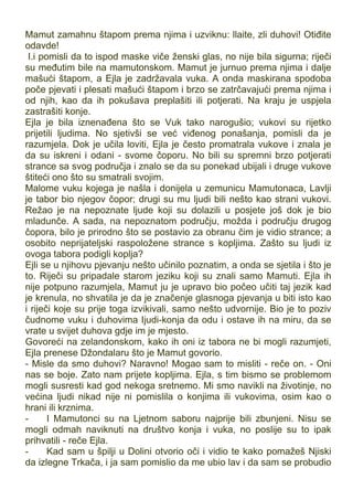 Mamut zamahnu štapom prema njima i uzviknu: llaite, zli duhovi! Otiđite
odavde!
I.i pomisli da to ispod maske viče ženski glas, no nije bila sigurna; riječi
su međutim bile na mamutonskom. Mamut je jurnuo prema njima i dalje
mašući štapom, a Ejla je zadržavala vuka. A onda maskirana spodoba
poče pjevati i plesati mašući štapom i brzo se zatrčavajući prema njima i
od njih, kao da ih pokušava preplašiti ili potjerati. Na kraju je uspjela
zastrašiti konje.
Ejla je bila iznenađena što se Vuk tako narogušio; vukovi su rijetko
prijetili ljudima. No sjetivši se već viđenog ponašanja, pomisli da je
razumjela. Dok je učila loviti, Ejla je često promatrala vukove i znala je
da su iskreni i odani - svome čoporu. No bili su spremni brzo potjerati
strance sa svog područja i znalo se da su ponekad ubijali i druge vukove
štiteći ono što su smatrali svojim.
Malome vuku kojega je našla i donijela u zemunicu Mamutonaca, Lavlji
je tabor bio njegov čopor; drugi su mu ljudi bili nešto kao strani vukovi.
Režao je na nepoznate ljude koji su dolazili u posjete još dok je bio
mladunče. A sada, na nepoznatom području, možda i području drugog
čopora, bilo je prirodno što se postavio za obranu čim je vidio strance; a
osobito neprijateljski raspoložene strance s kopljima. Zašto su ljudi iz
ovoga tabora podigli koplja?
Ejli se u njihovu pjevanju nešto učinilo poznatim, a onda se sjetila i što je
to. Riječi su pripadale starom jeziku koji su znali samo Mamuti. Ejla ih
nije potpuno razumjela, Mamut ju je upravo bio počeo učiti taj jezik kad
je krenula, no shvatila je da je značenje glasnoga pjevanja u biti isto kao
i riječi koje su prije toga izvikivali, samo nešto udvornije. Bio je to poziv
čudnome vuku i duhovima Ijudi-konja da odu i ostave ih na miru, da se
vrate u svijet duhova gdje im je mjesto.
Govoreći na zelandonskom, kako ih oni iz tabora ne bi mogli razumjeti,
Ejla prenese Džondalaru što je Mamut govorio.
- Misle da smo duhovi? Naravno! Mogao sam to misliti - reče on. - Oni
nas se boje. Zato nam prijete kopljima. Ejla, s tim bismo se problemom
mogli susresti kad god nekoga sretnemo. Mi smo navikli na životinje, no
većina ljudi nikad nije ni pomislila o konjima ili vukovima, osim kao o
hrani ili krznima.
- I Mamutonci su na Ljetnom saboru najprije bili zbunjeni. Nisu se
mogli odmah naviknuti na društvo konja i vuka, no poslije su to ipak
prihvatili - reče Ejla.
- Kad sam u špilji u Dolini otvorio oči i vidio te kako pomažeš Njiski
da izlegne Trkača, i ja sam pomislio da me ubio lav i da sam se probudio
 
