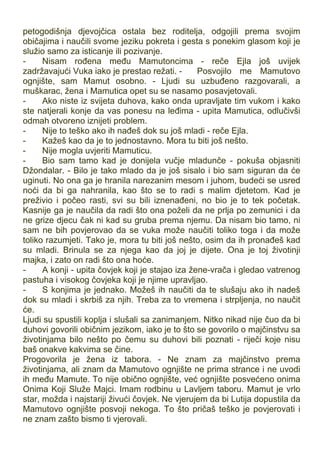 petogodišnja djevojčica ostala bez roditelja, odgojili prema svojim
običajima i naučili svome jeziku pokreta i gesta s ponekim glasom koji je
služio samo za isticanje ili pozivanje.
- Nisam rođena među Mamutoncima - reče Ejla još uvijek
zadržavajući Vuka iako je prestao režati. - Posvojilo me Mamutovo
ognjište, sam Mamut osobno. - Ljudi su uzbuđeno razgovarali, a
muškarac, žena i Mamutica opet su se nasamo posavjetovali.
- Ako niste iz svijeta duhova, kako onda upravljate tim vukom i kako
ste natjerali konje da vas ponesu na leđima - upita Mamutica, odlučivši
odmah otvoreno iznijeti problem.
- Nije to teško ako ih nađeš dok su još mladi - reče Ejla.
- Kažeš kao da je to jednostavno. Mora tu biti još nešto.
- Nije mogla uvjeriti Mamuticu.
- Bio sam tamo kad je donijela vučje mladunče - pokuša objasniti
Džondalar. - Bilo je tako mlado da je još sisalo i bio sam siguran da će
uginuti. No ona ga je hranila narezanim mesom i juhom, budeći se usred
noći da bi ga nahranila, kao što se to radi s malim djetetom. Kad je
preživio i počeo rasti, svi su bili iznenađeni, no bio je to tek početak.
Kasnije ga je naučila da radi što ona poželi da ne prlja po zemunici i da
ne grize djecu čak ni kad su gruba prema njemu. Da nisam bio tamo, ni
sam ne bih povjerovao da se vuka može naučiti toliko toga i da može
toliko razumjeti. Tako je, mora tu biti još nešto, osim da ih pronađeš kad
su mladi. Brinula se za njega kao da joj je dijete. Ona je toj životinji
majka, i zato on radi što ona hoće.
- A konji - upita čovjek koji je stajao iza žene-vrača i gledao vatrenog
pastuha i visokog čovjeka koji je njime upravljao.
- S konjima je jednako. Možeš ih naučiti da te slušaju ako ih nadeš
dok su mladi i skrbiš za njih. Treba za to vremena i strpljenja, no naučit
će.
Ljudi su spustili koplja i slušali sa zanimanjem. Nitko nikad nije čuo da bi
duhovi govorili običnim jezikom, iako je to što se govorilo o majčinstvu sa
životinjama bilo nešto po čemu su duhovi bili poznati - riječi koje nisu
baš onakve kakvima se čine.
Progovorila je žena iz tabora. - Ne znam za majčinstvo prema
životinjama, ali znam da Mamutovo ognjište ne prima strance i ne uvodi
ih među Mamute. To nije obično ognjište, već ognjište posvećeno onima
Onima Koji Služe Majci. Imam rodbinu u Lavljem taboru. Mamut je vrlo
star, možda i najstariji živući čovjek. Ne vjerujem da bi Lutija dopustila da
Mamutovo ognjište posvoji nekoga. To što pričaš teško je povjerovati i
ne znam zašto bismo ti vjerovali.
 