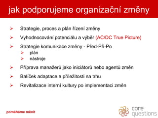 Strategie, proces a plán řízení změny Vyhodnocování potenciálu a výběr  (AC/DC True Picture) Strategie komunikace změny - Před-Při-Po plán nástroje Příprava manažerů jako iniciátorů nebo agentů změn Balíček adaptace a příležitosti na trhu Revitalizace interní kultury po implementaci změn jak podporujeme organizační změny pomáháme měnit 