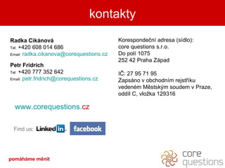 kontakty Radka Cikánová Tel:  +420 608 014 686 Email:   radka . cikanova @ corequestions . cz Petr Fridrich Tel:   +420  777 352 642 Email:   petr . [email_address] www. corequestions . cz   Korespondeční adresa (sídlo): core questions s.r.o. Do polí 1075 252 42 Praha Západ IČ: 27 95 71 95 Zapsáno v obchodním rejstříku vedeném Městským soudem v Praze, oddíl C, vložka 129316 Find us: pomáháme měnit 