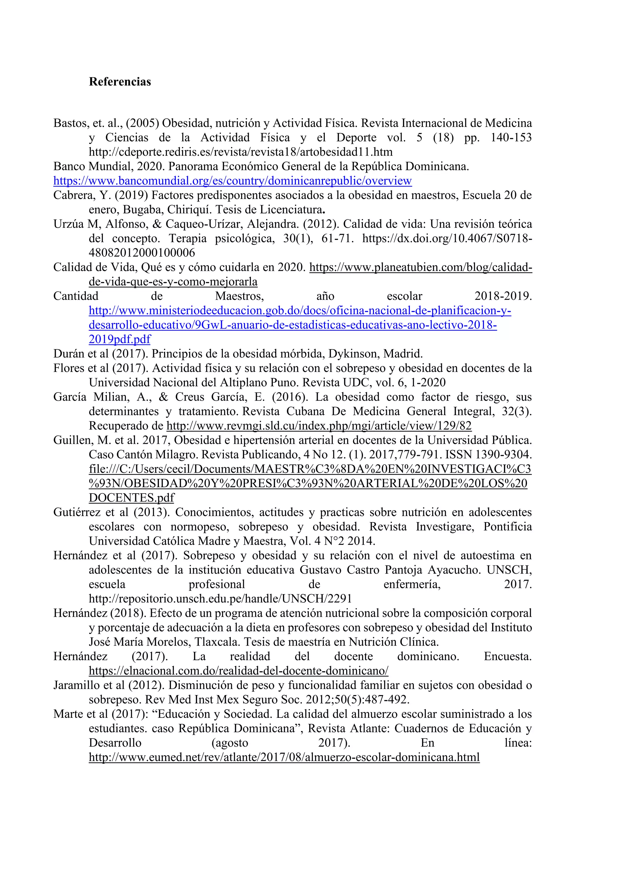Nutrición y Calidad de Vida de los Docentes en República Dominicana | PDF