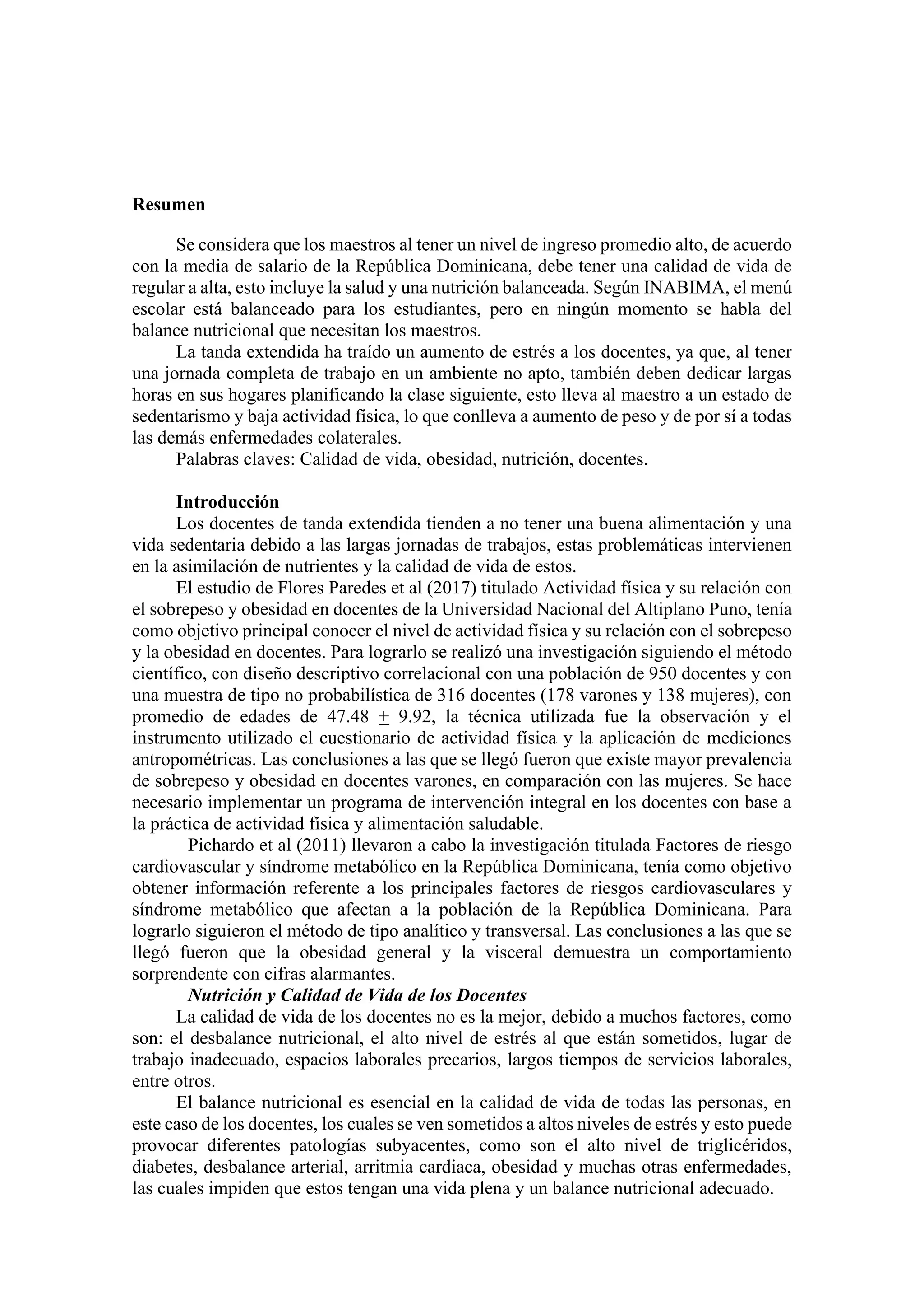 Nutrición y Calidad de Vida de los Docentes en República Dominicana | PDF