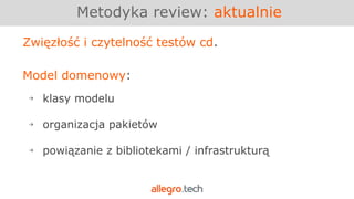 Zwięzłość i czytelność testów cd.
Metodyka review: aktualnie
Model domenowy:
￫ klasy modelu
￫ organizacja pakietów
￫ powiązanie z bibliotekami / infrastrukturą
 