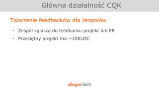 Główna działalność CQK
Tworzenie feedbacków dla zespołów
￫ Zespół zgłasza do feedbacku projekt lub PR
￫ Przeciętny projekt ma ~10KLOC
 