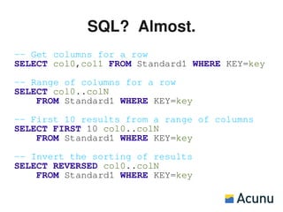 SQL? Almost.
–- Get columns for a row
SELECT col0,col1 FROM Standard1 WHERE KEY=key

–- Range of columns for a row
SELECT col0..colN
    FROM Standard1 WHERE KEY=key

–- First 10 results from a range of columns
SELECT FIRST 10 col0..colN
    FROM Standard1 WHERE KEY=key

–- Invert the sorting of results
SELECT REVERSED col0..colN
    FROM Standard1 WHERE KEY=key
 